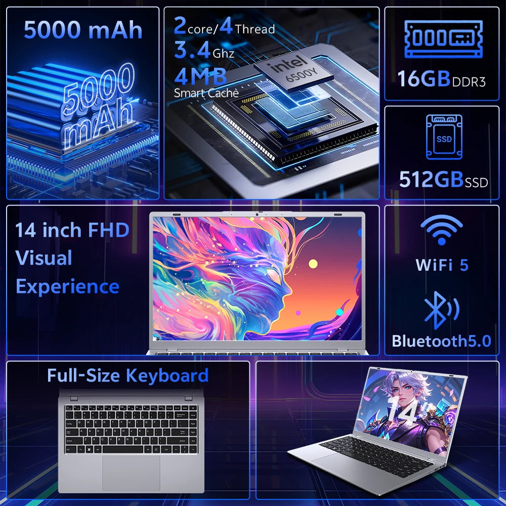 Low Price Student Laptops 14 Inch Intel Pentium Gold 6500Y Laptop 32GB RAM 256GB SSD Windows 11 Pro School Student Computer Pc
