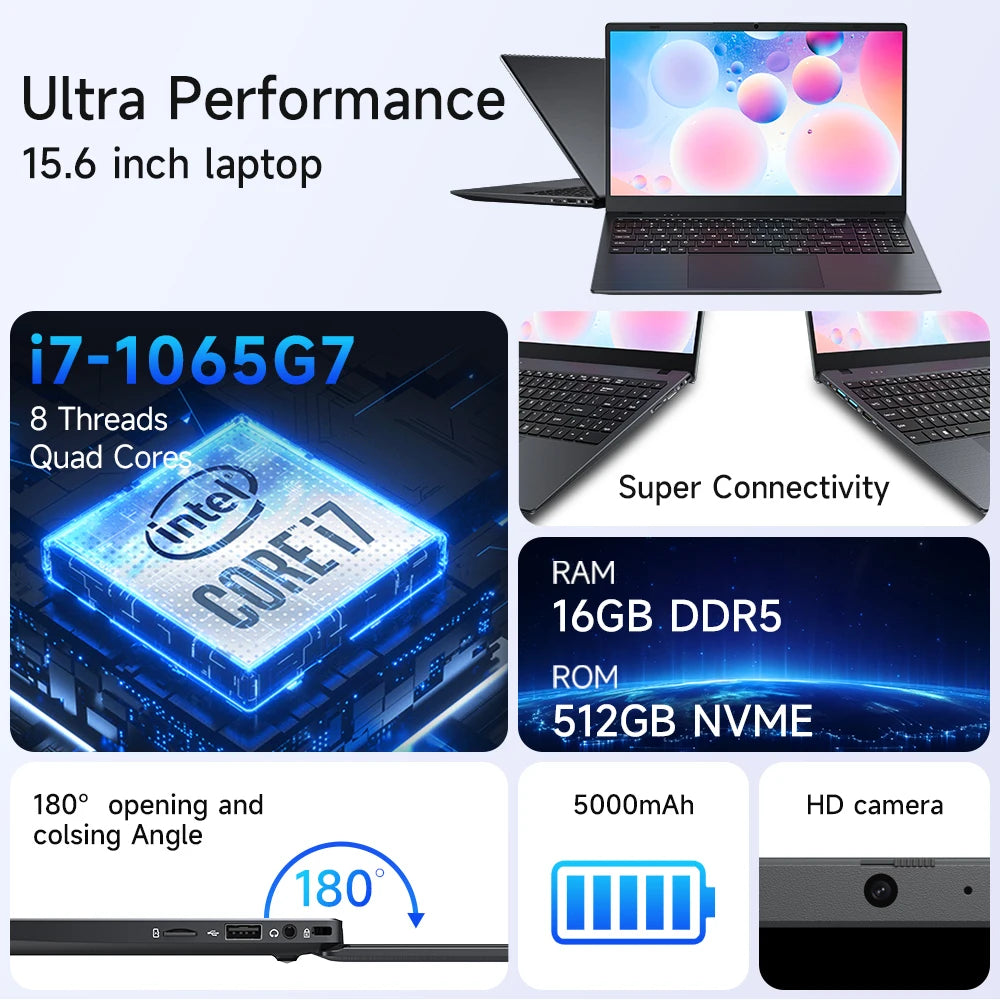 16GB RAM 512GB Ssd 1TB Intel I5 Laptop Computer  2.0MP hd 1080P 15.6inch IPS Laptop Business Cheap Gaming Laptop