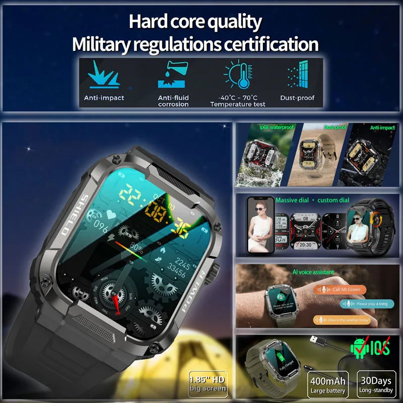 Men Smart Watch Military Healthy Monitor AI Voice Bluetooth Call Fitness Waterproof Sport Smartwatch for Xiaomi IOS Android 2025