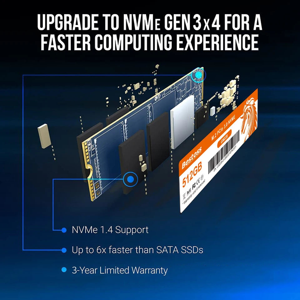 Bestoss M2 NVME SSD Speed 2000MB/s 128GB 256GB 512GB 1TB M.2 PCIe 3.0 Solid State Drives for Notebook