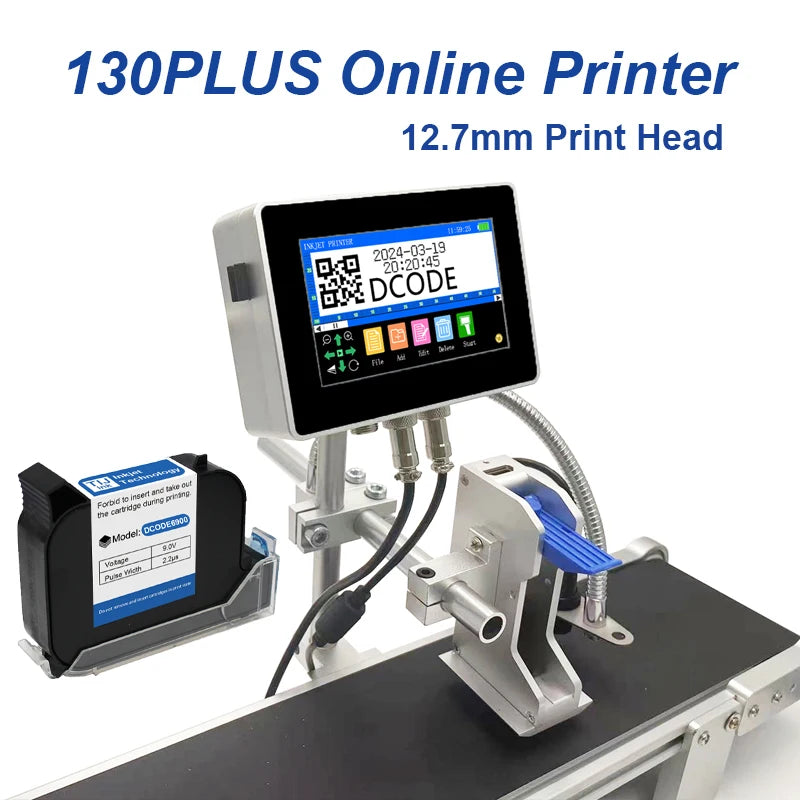 DCODE 130PLUS Industrial Online Inkjet Printer 12.7/25.4mm Nozzle with 4.3inch Screen QR Barcode Batch Number Logo Date Printer