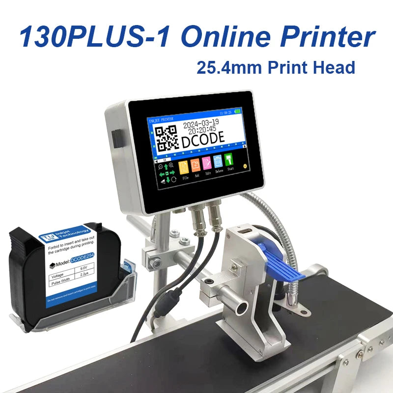 DCODE 130PLUS Industrial Online Inkjet Printer 12.7/25.4mm Nozzle with 4.3inch Screen QR Barcode Batch Number Logo Date Printer