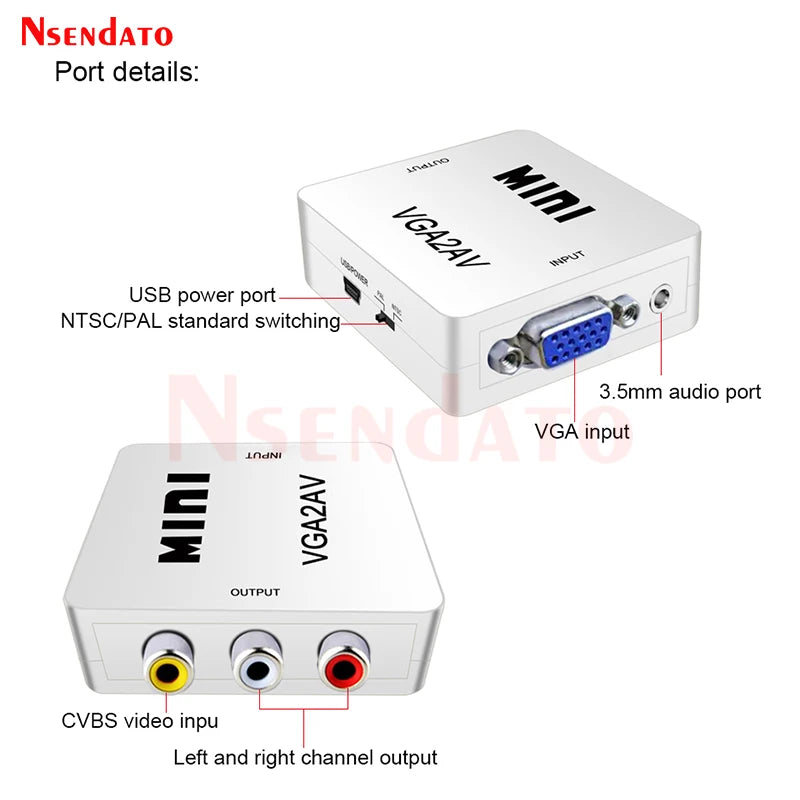 1080P Mini Video Convertor VGA to RCA AV Video Converter Conversor with 3.5mm Audio VGA2AV / CVBS + Audio to PC HDTV Converter