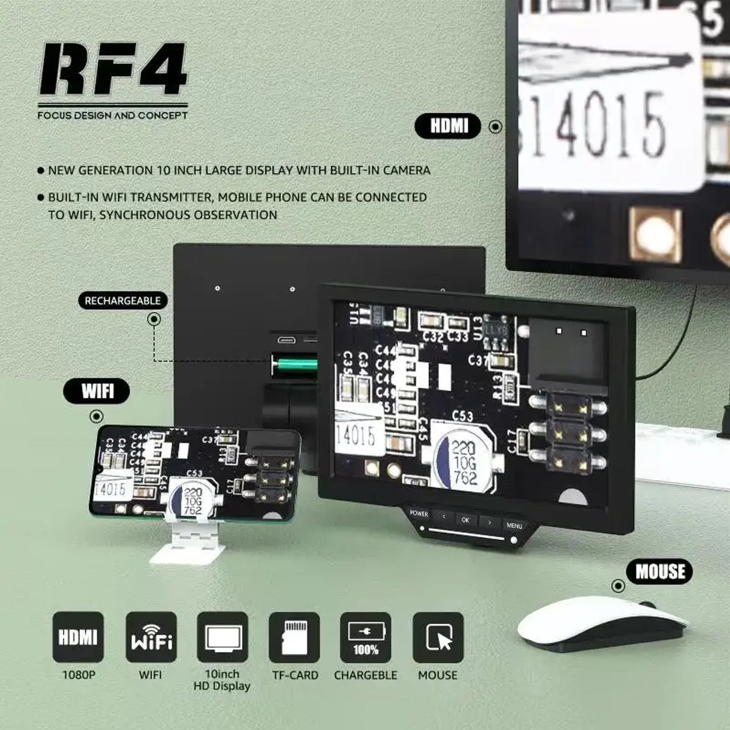RF4 High Quality 10Inch Video Display Screen YS010W Observe Recorded PBC Phone Mobile Repair Tools Apply To Triocular Microscope