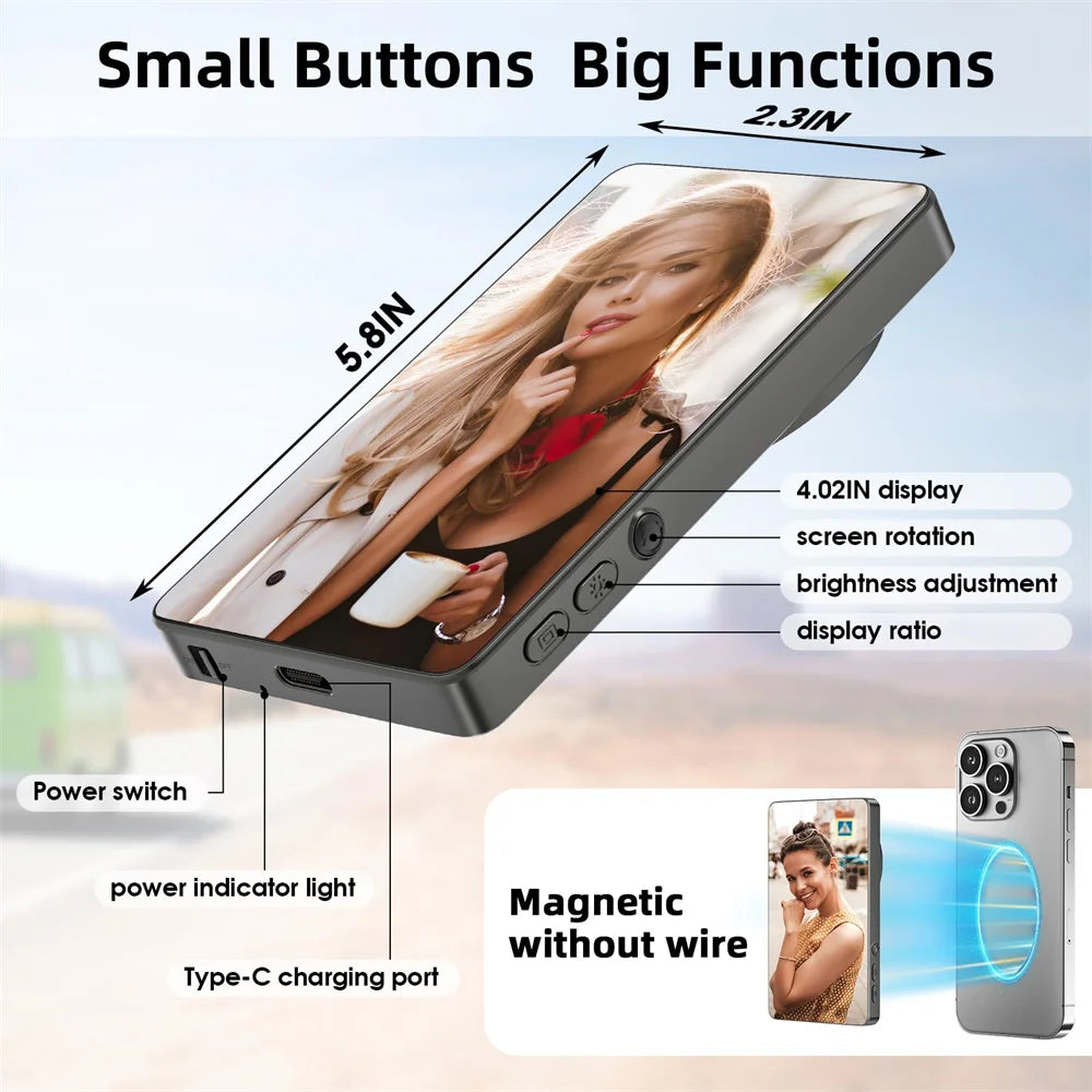 Magnetic Selfie Monitor Screen w Wireless Remote Phone Vlog Rear Camera Monitor for iPhone Android Recording Vlog Live Stream