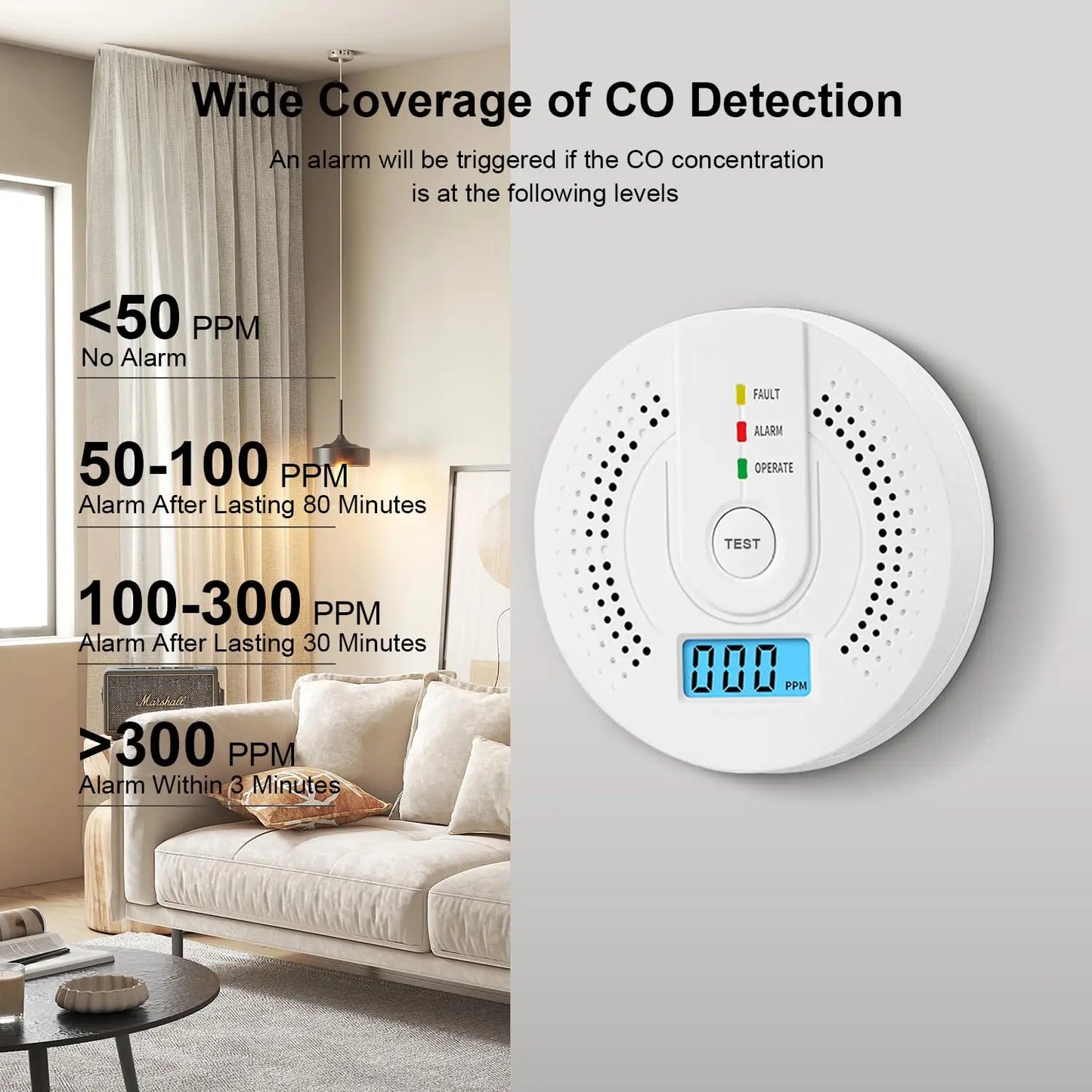 Carbon Monoxide Detector CO Gas Monitor Alarm ith LCD Digital Display AA Battery Powered CO Sensor Detector for Home,Depot,Test
