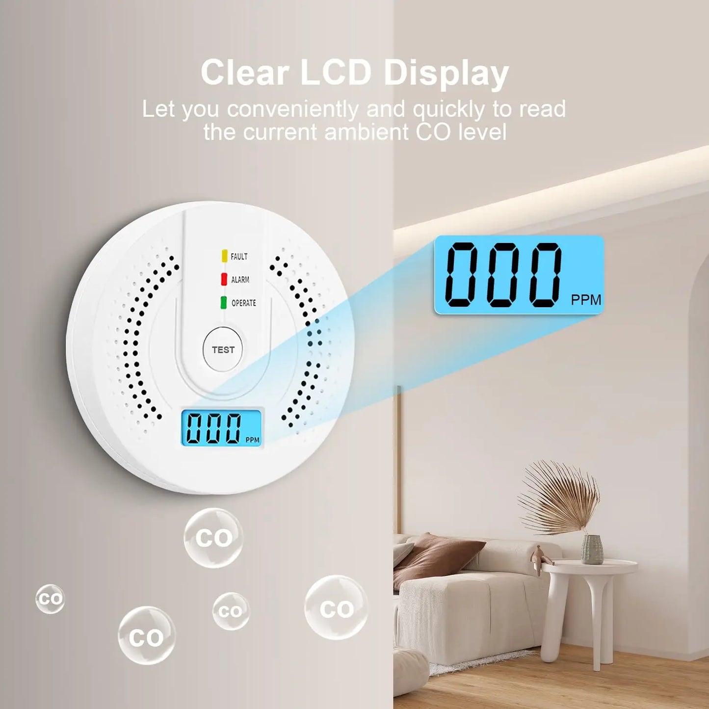 Carbon Monoxide Detector CO Gas Monitor Alarm ith LCD Digital Display AA Battery Powered CO Sensor Detector for Home,Depot,Test