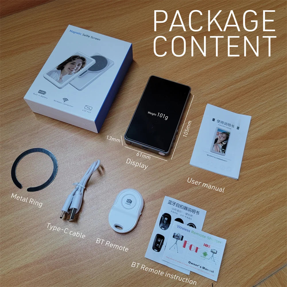 Magnetic Selfie Monitor Screen w Wireless Remote Phone Vlog Rear Camera Monitor for iPhone Android Recording Vlog Live Stream